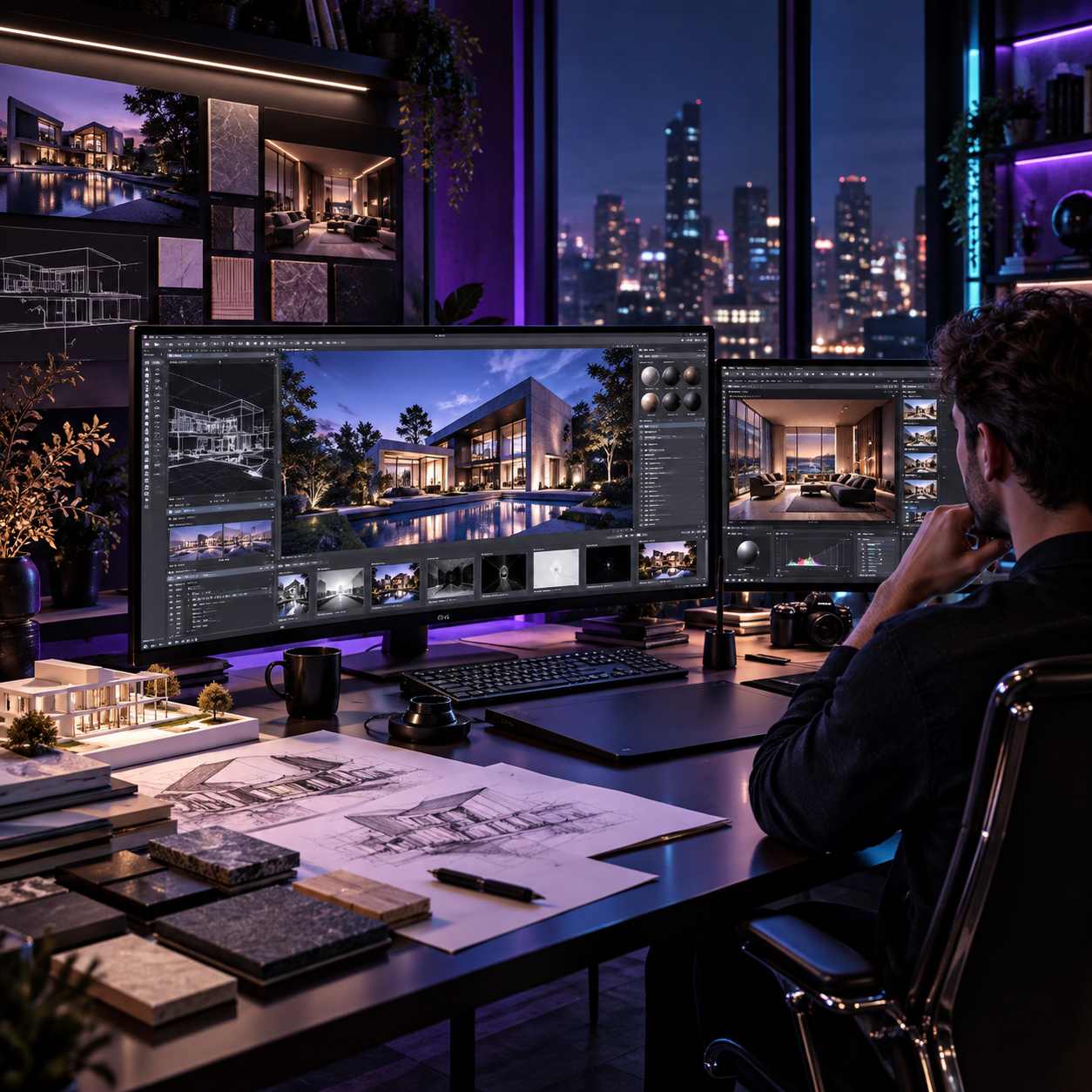 Professional 3D visualization workspace showing a designer reviewing luxury architectural exterior and interior renders on dual monitors with sketches, material samples, and scale model elements in a refined studio setting.