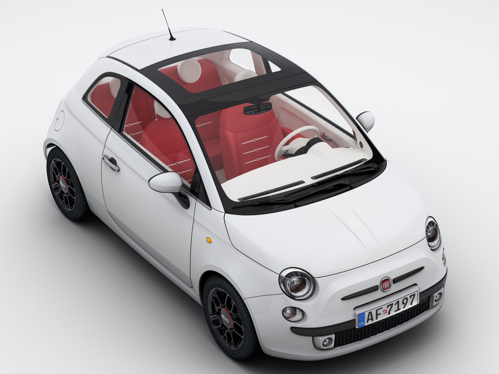 Photorealistic 3D automotive visualization of a white compact car with panoramic glass roof, red interior, detailed wheels, glazing, lighting, and studio presentation.