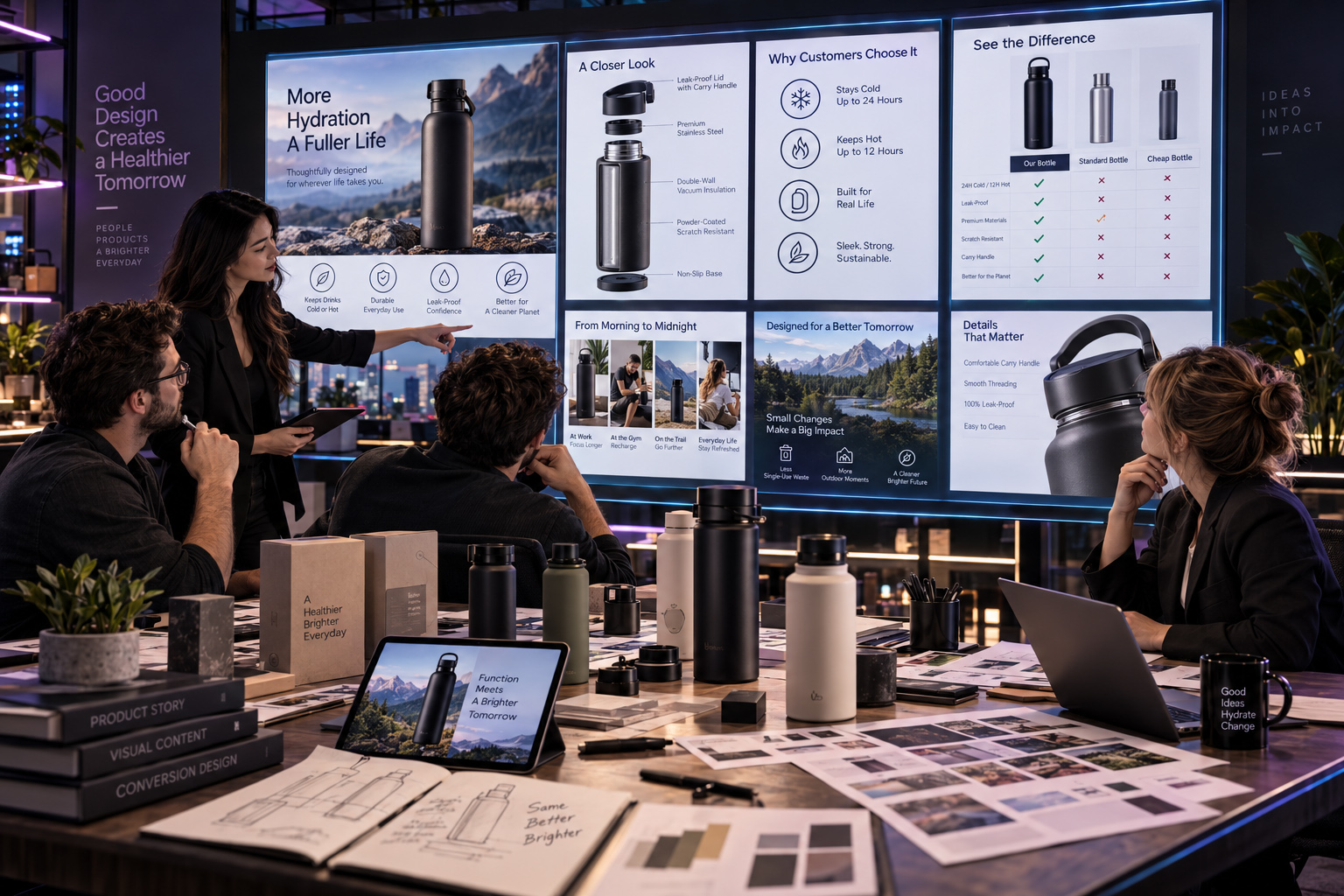Amazon A+ Content strategy presentation showing product benefits, construction details, comparison graphics, lifestyle applications, sustainability messaging, feature communication, and visual value storytelling.