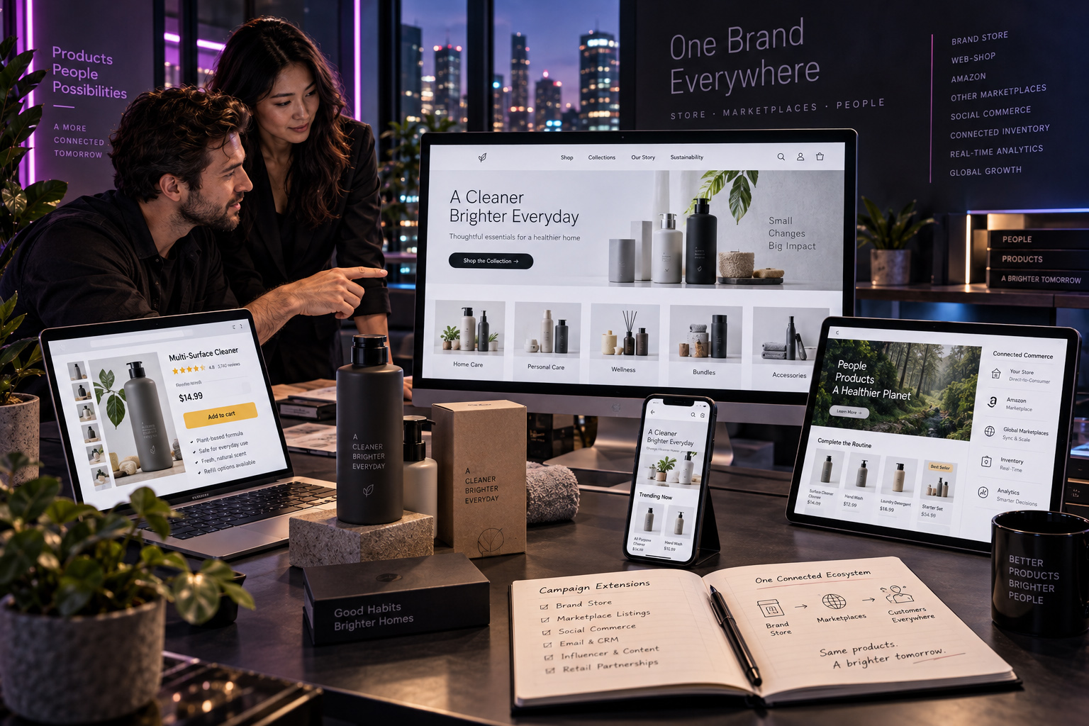 E-commerce team reviewing a connected brand commerce ecosystem across desktop website, marketplace product page, mobile store, tablet commerce interface, physical packaging, and cross-channel campaign extensions.