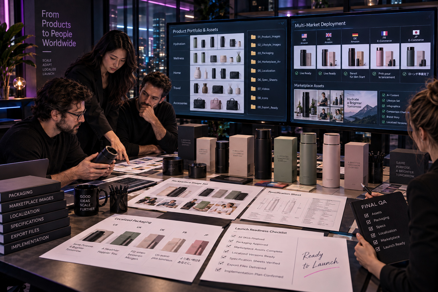 E-commerce team preparing a multi-product portfolio for international marketplace launch with localized packaging, marketplace assets, product imagery, A+ Content, specifications, localization, export files, and final quality assurance.