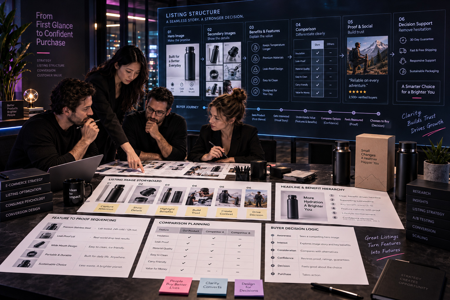 E-commerce strategy team planning an Amazon listing image sequence with hero imagery, product details, benefits, comparisons, social proof, decision support, and buyer journey mapping.