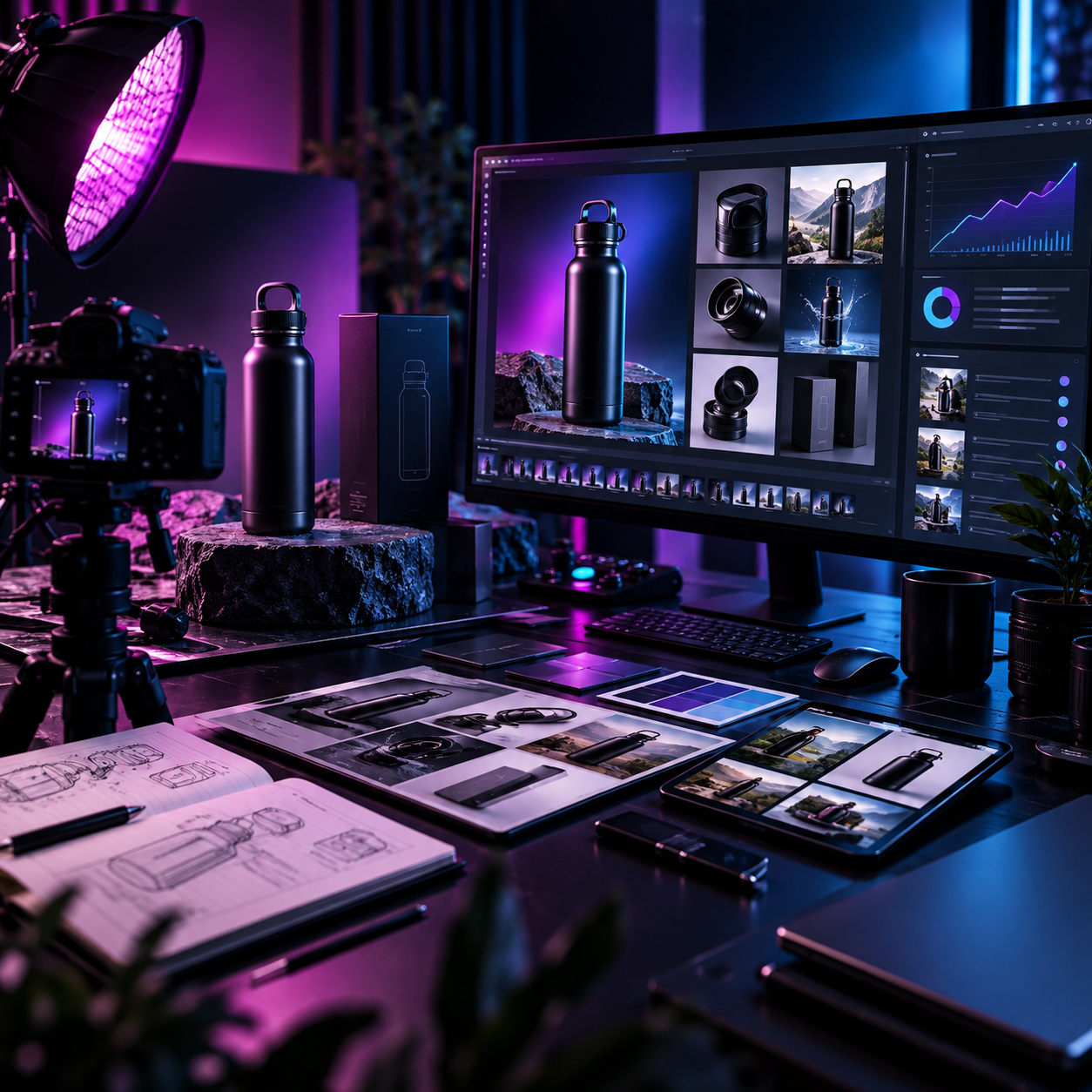 Professional Amazon and e-commerce product content workspace showing bottle packaging, camera setup, product photography, marketplace visuals, and digital performance analytics on screen.