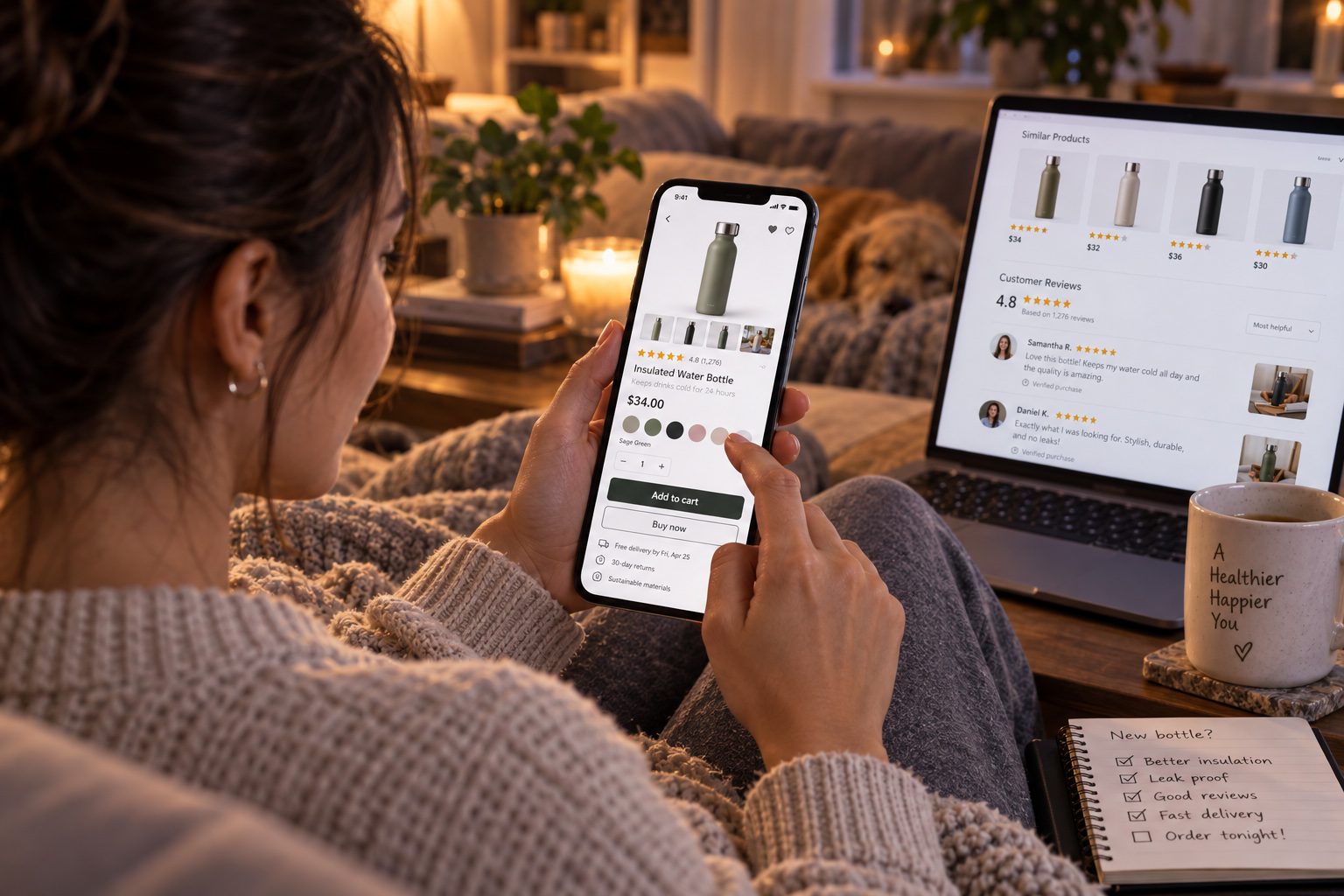 Customer evaluating an e-commerce product on a smartphone while reviewing similar products, ratings, customer reviews, pricing, color options, delivery information, and purchase actions.
