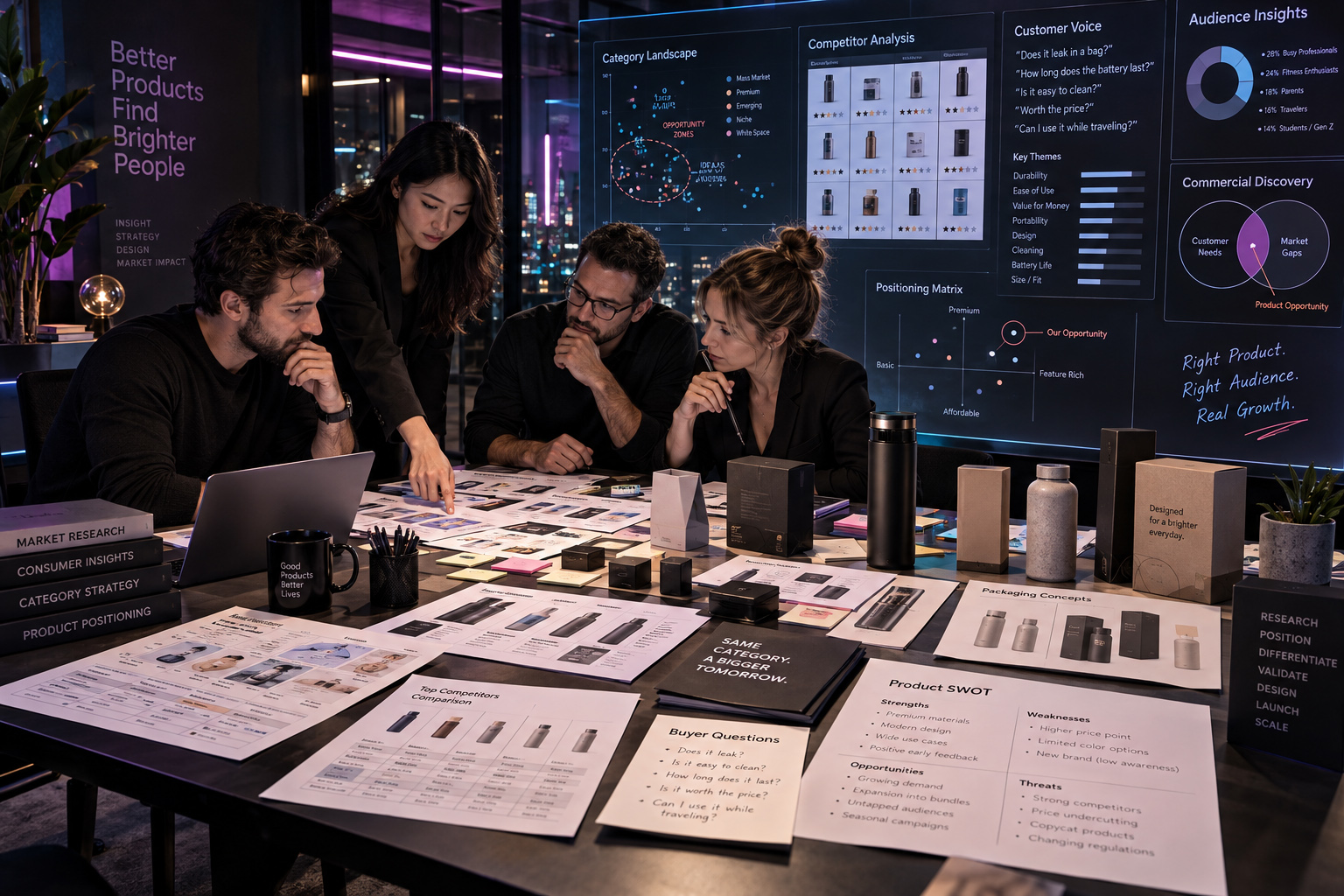 Amazon and e-commerce strategy team analyzing category landscape, competitor products, customer questions, audience insights, market gaps, product positioning, and commercial opportunities.