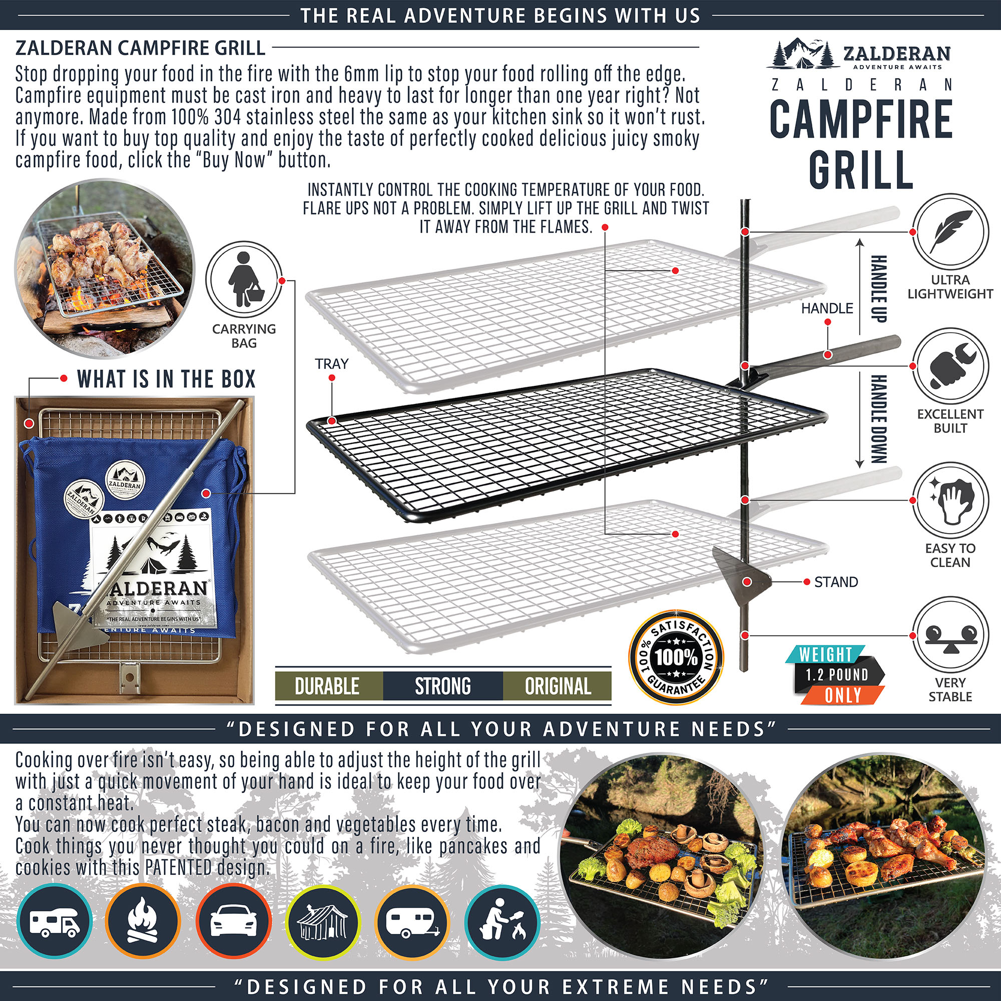 Amazon product infographic for the Zalderan Campfire Grill showing the adjustable stainless steel grill, carrying bag, included components, lightweight construction, durability, stability, cleaning benefits, and outdoor cooking use cases.