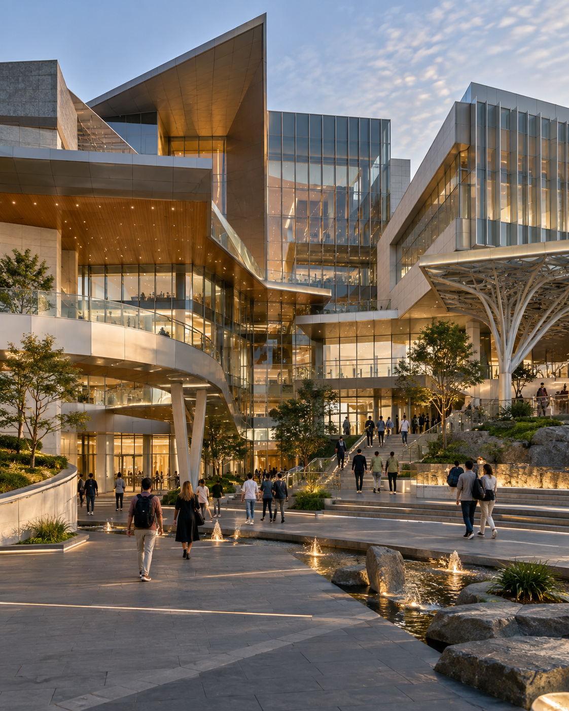 Contemporary public architecture with layered glass façades, warm interior lighting, landscaped terraces, water features, stairs, and people moving through the space at dusk.