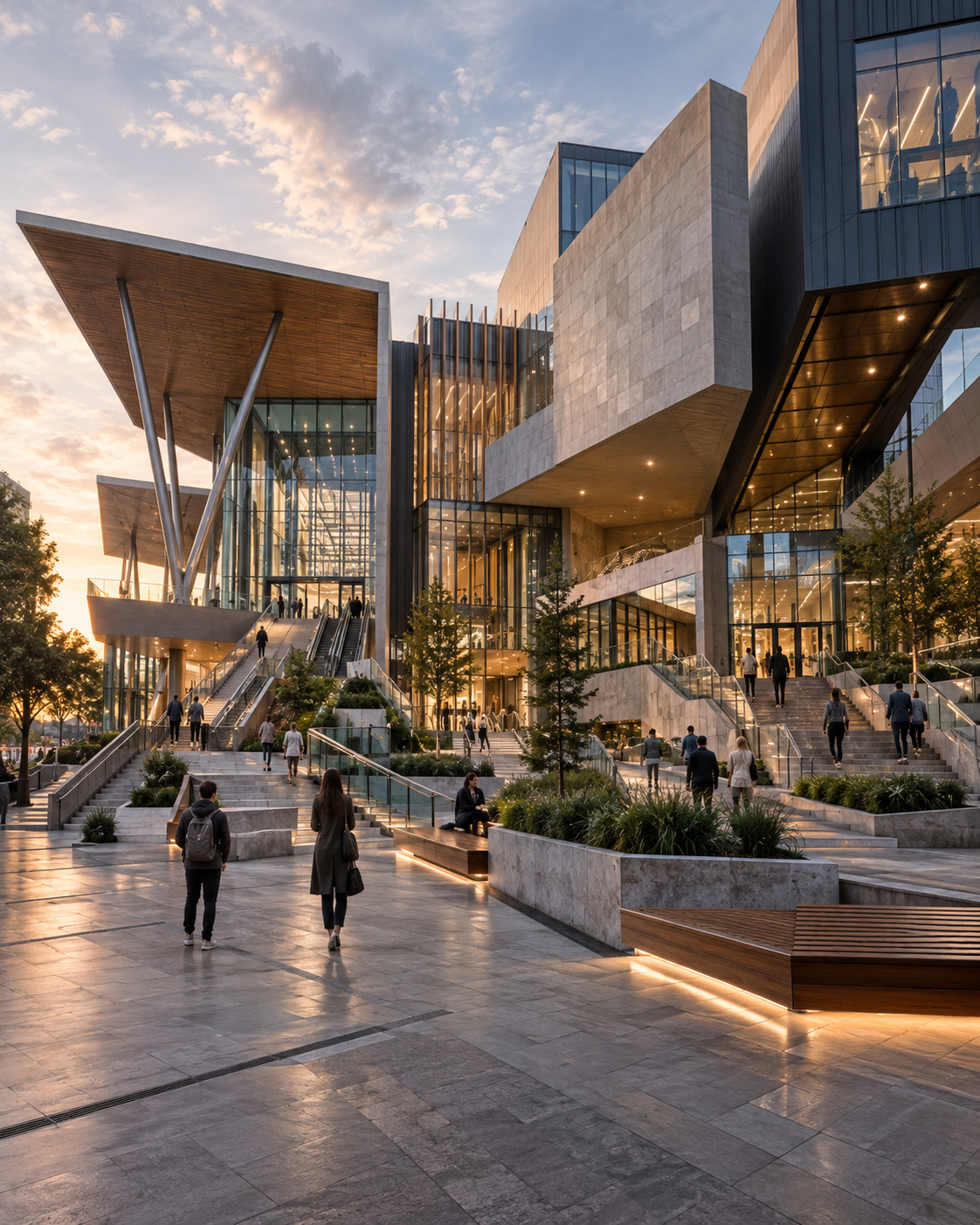 Contemporary public architecture with layered stairs, terraces, glazed façades, landscaped seating, escalators, and people moving through multiple levels at dusk.