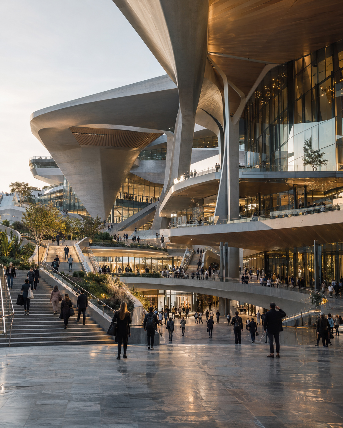 Contemporary multi-level public architecture with stairs, terraces, ramps, bridges, and active pedestrian circulation across interconnected indoor and outdoor spaces.
