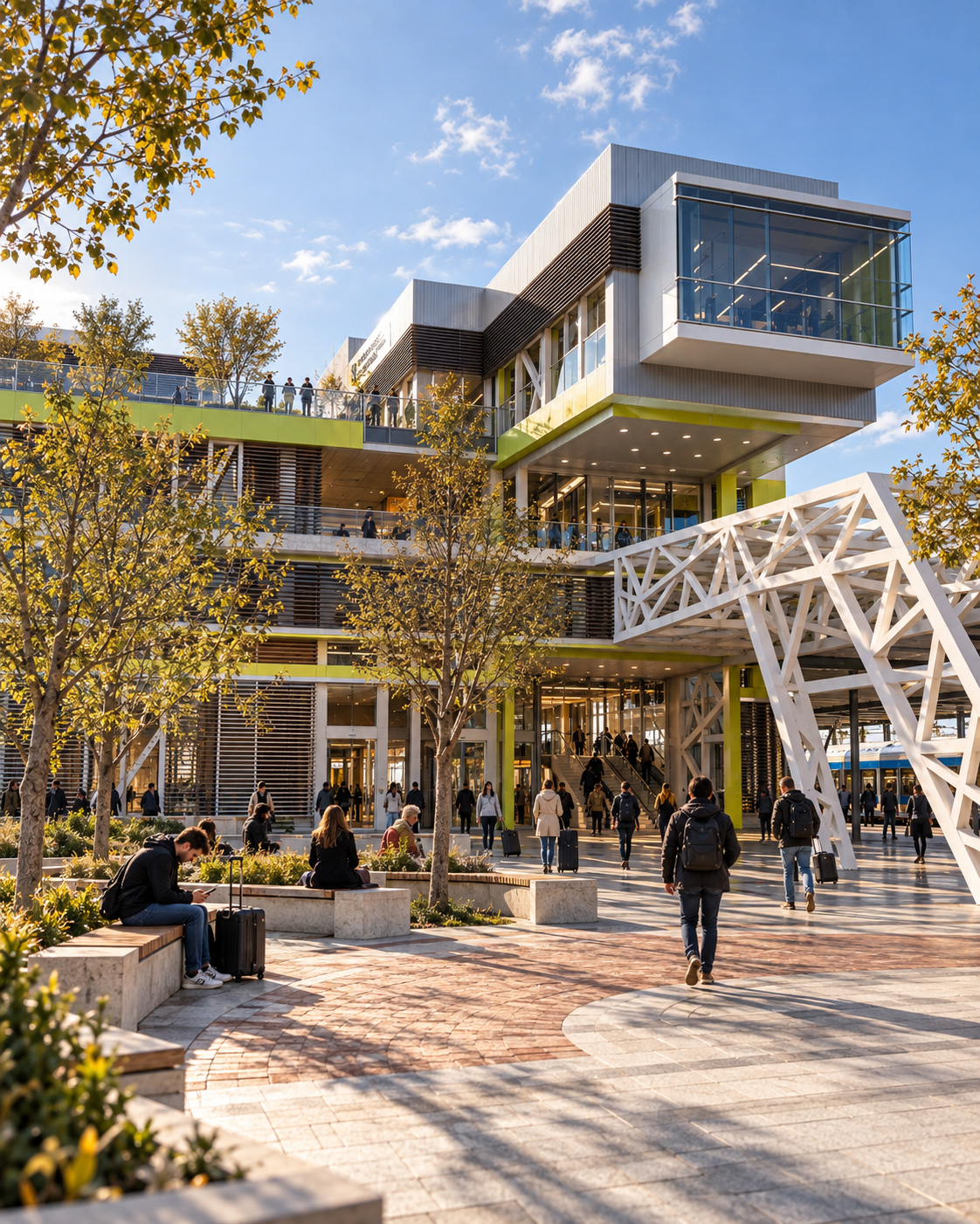 Contemporary public architecture with landscaped arrival space, pedestrian circulation, seating, structural canopy, elevated walkways, and people occupying the building throughout the day.