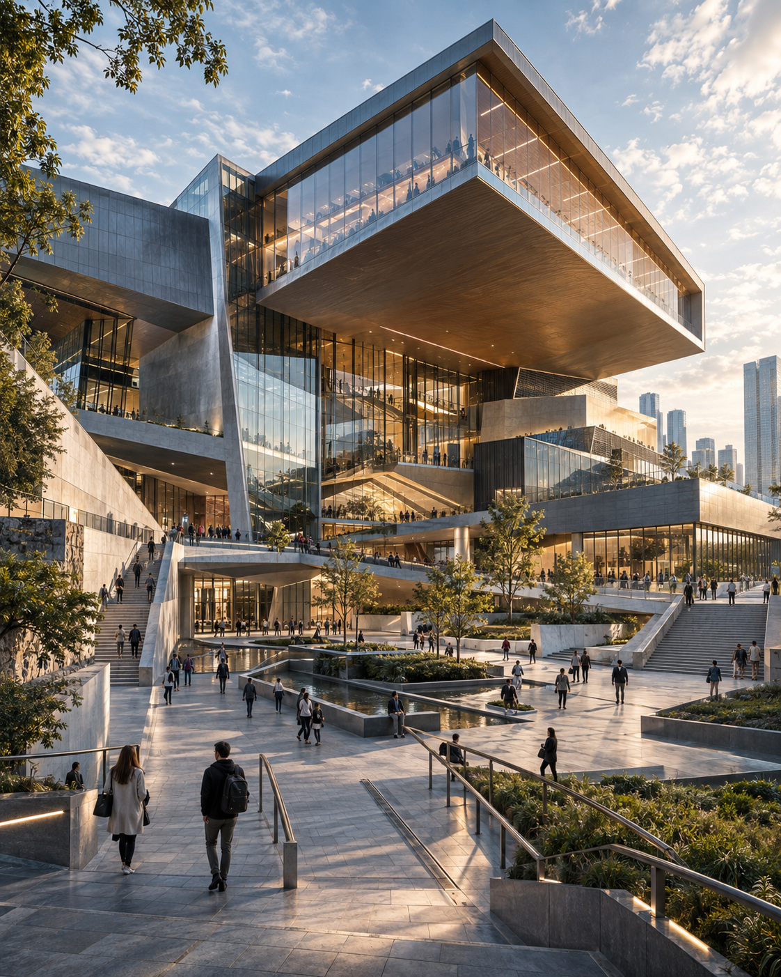 Contemporary multi-level public architecture with terraces, stairs, ramps, landscaped courtyards, glass façades, and people moving through interconnected indoor and outdoor spaces.