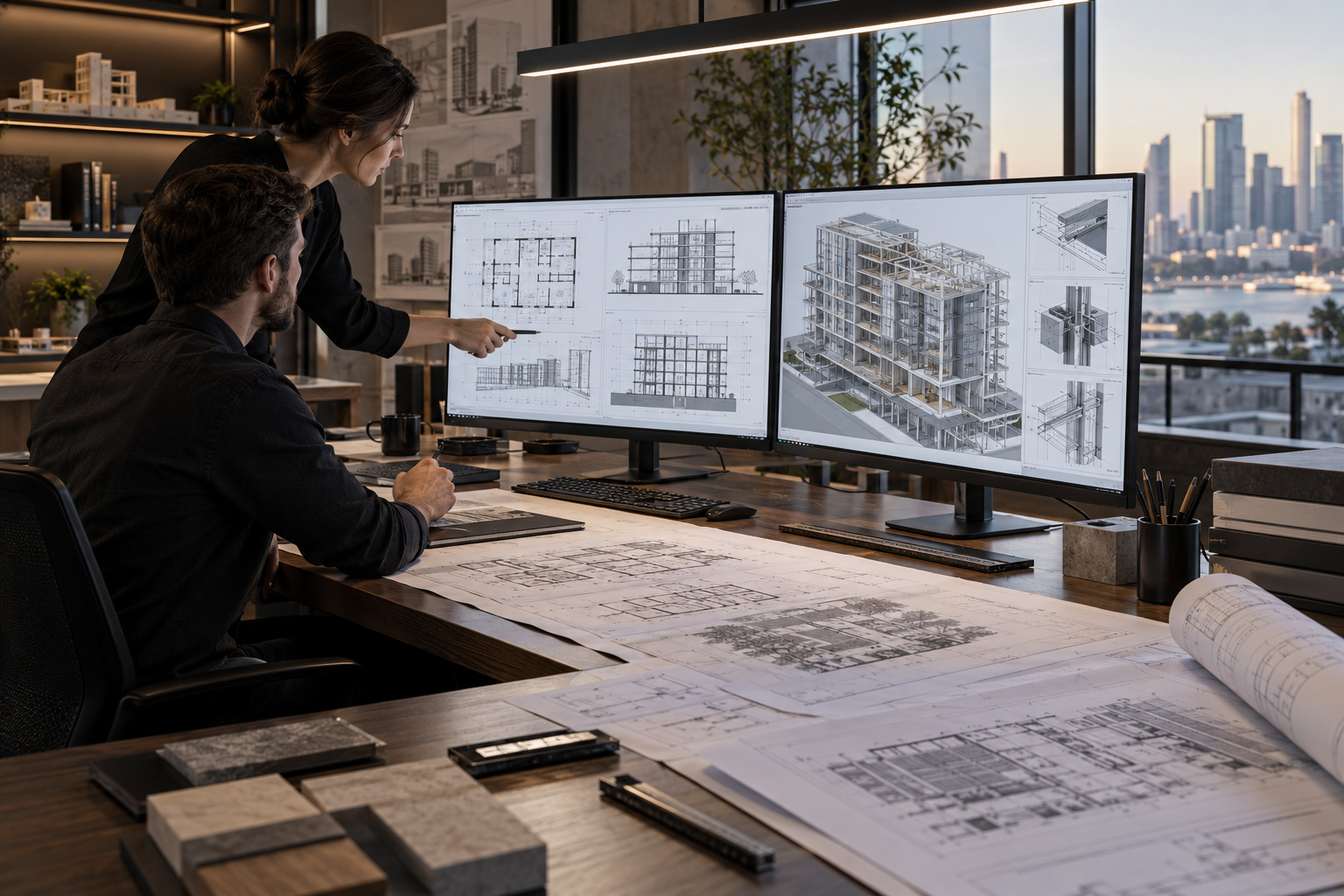 Architectural team reviewing technical plans, elevations, and a digital building model across dual monitors in a professional studio workspace.