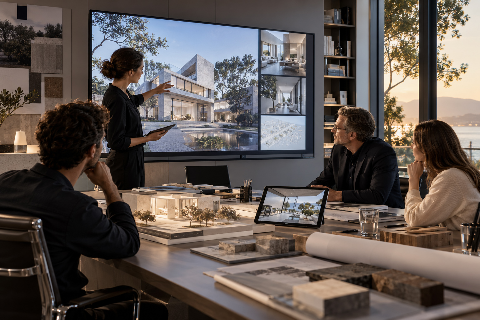 Architect presenting a contemporary residential project to clients using large design visualizations, interior views, and a physical architectural model.