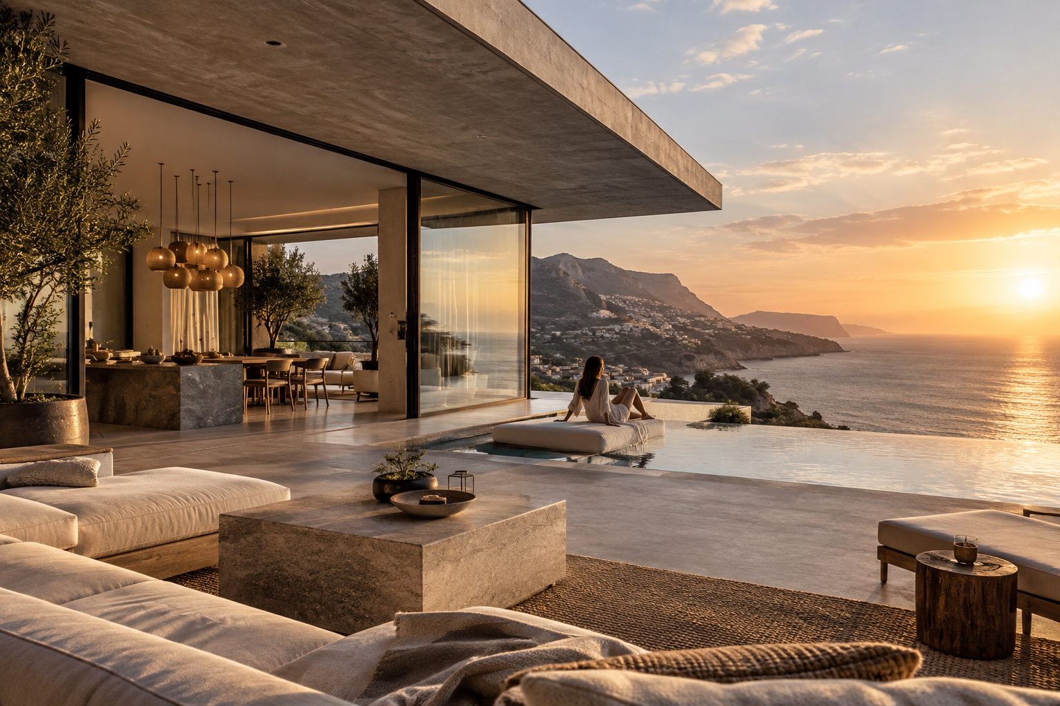 Completed luxury coastal residence with open indoor-outdoor living, infinity pool, natural materials, and panoramic sea views at sunset.