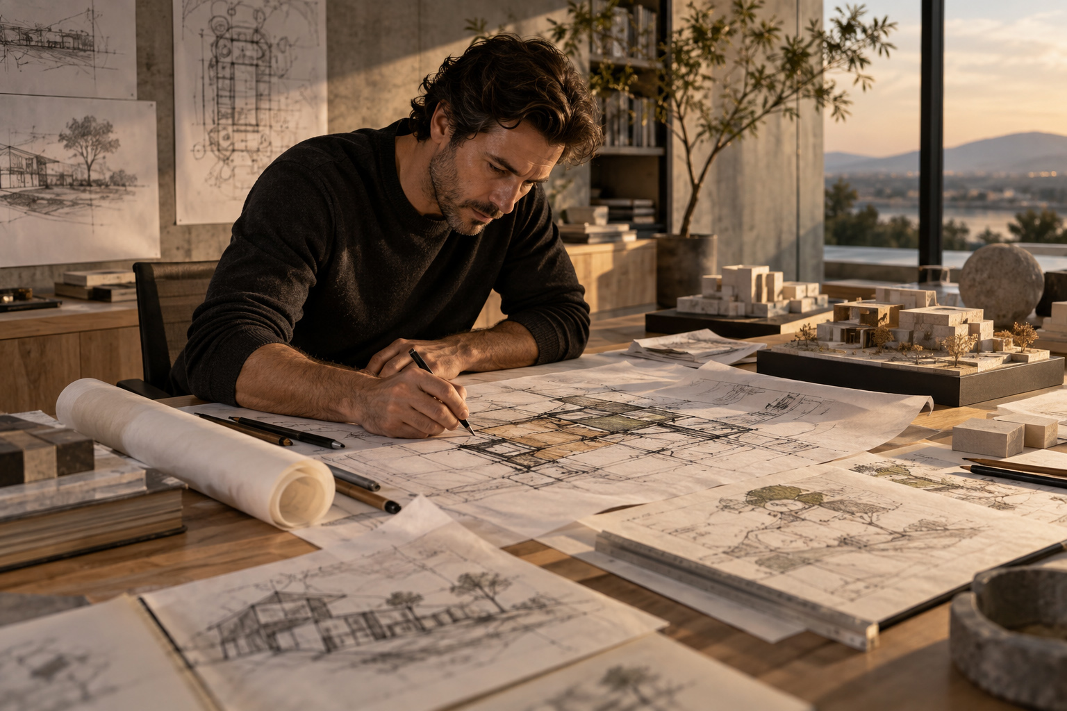 Architect developing architectural concepts by hand across detailed sketches, plans, and physical scale models in a professional design studio.