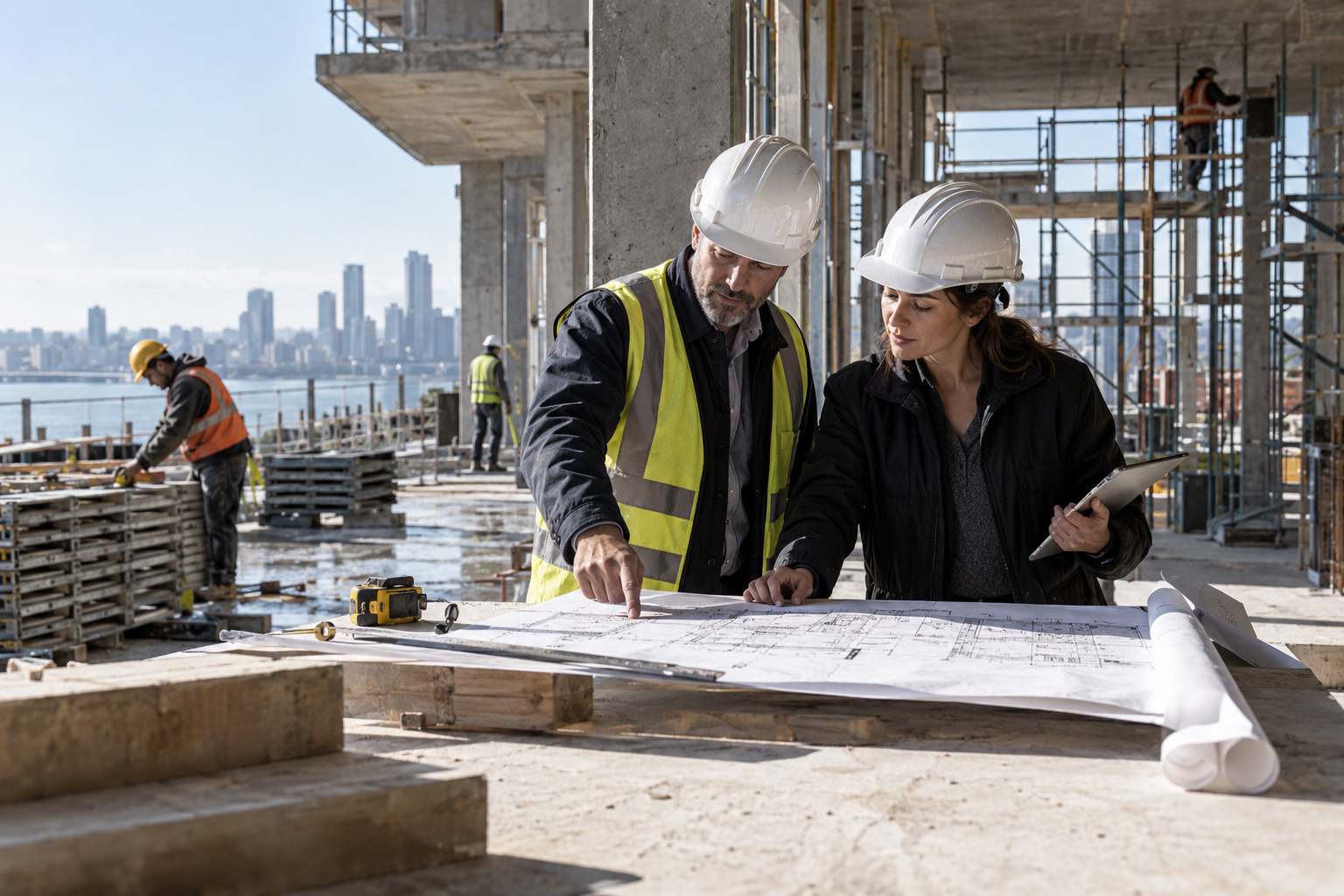 Architect and site professional reviewing technical construction drawings on an active building site while structural works continue in the background.