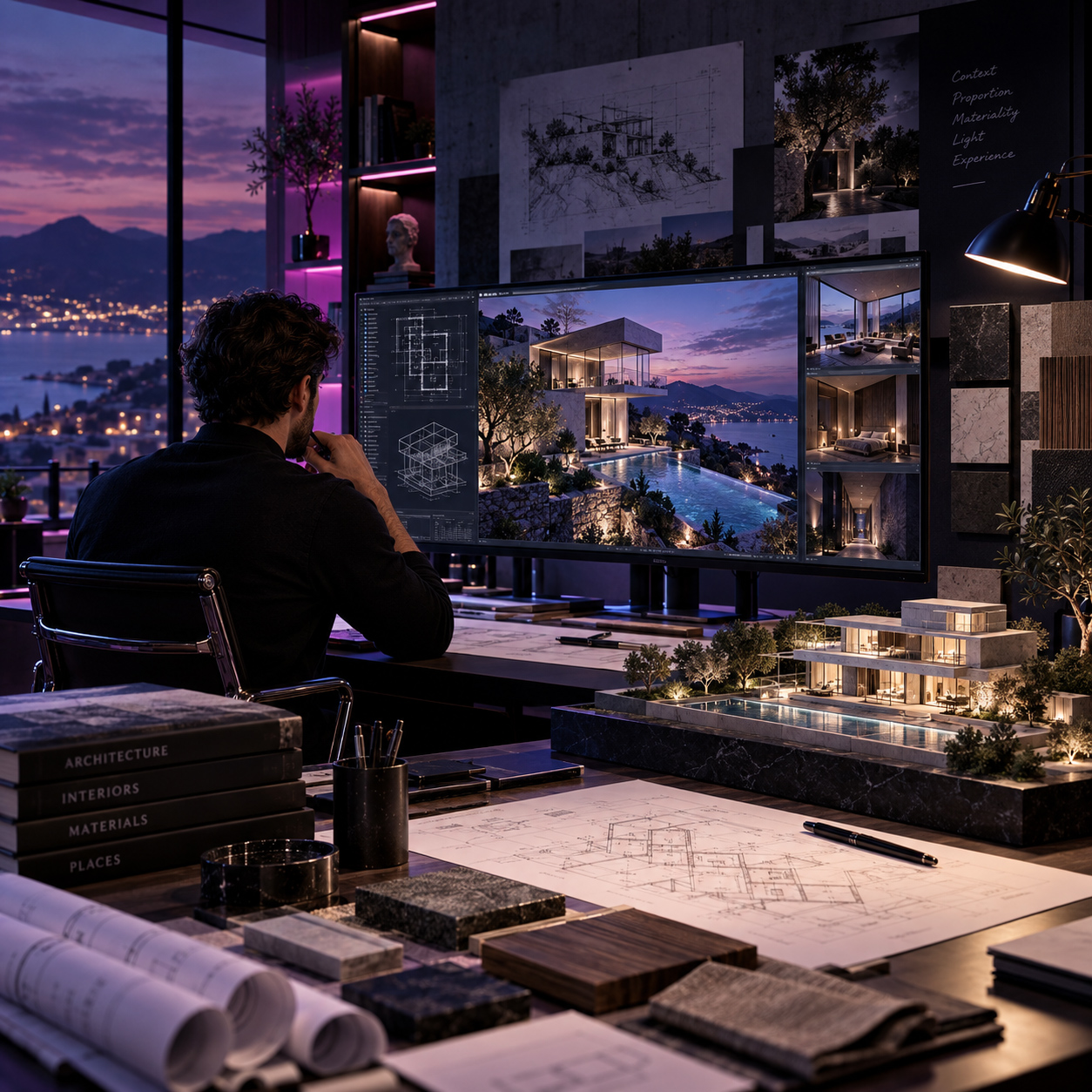 Professional architecture workspace showing architectural plans, material samples, 3D model, and large display with luxury residential design visualization overlooking a coastal evening landscape.