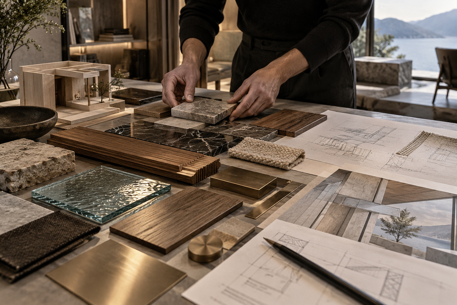 Architect reviewing stone, wood, glass, metal, and textile samples alongside detail drawings and interior finish studies for a high-end residential project.