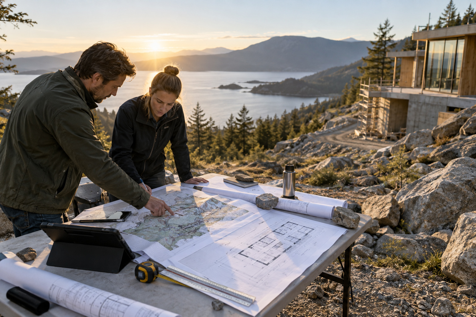Architects reviewing topographic maps, building plans, and digital references on a rocky site overlooking a coastal landscape during early project planning.