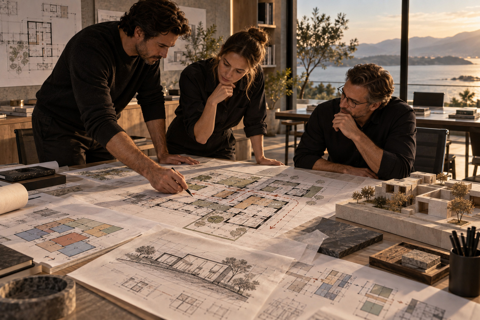 Architectural team reviewing detailed floor plans, spatial layouts, and a physical scale model during a collaborative design coordination meeting.