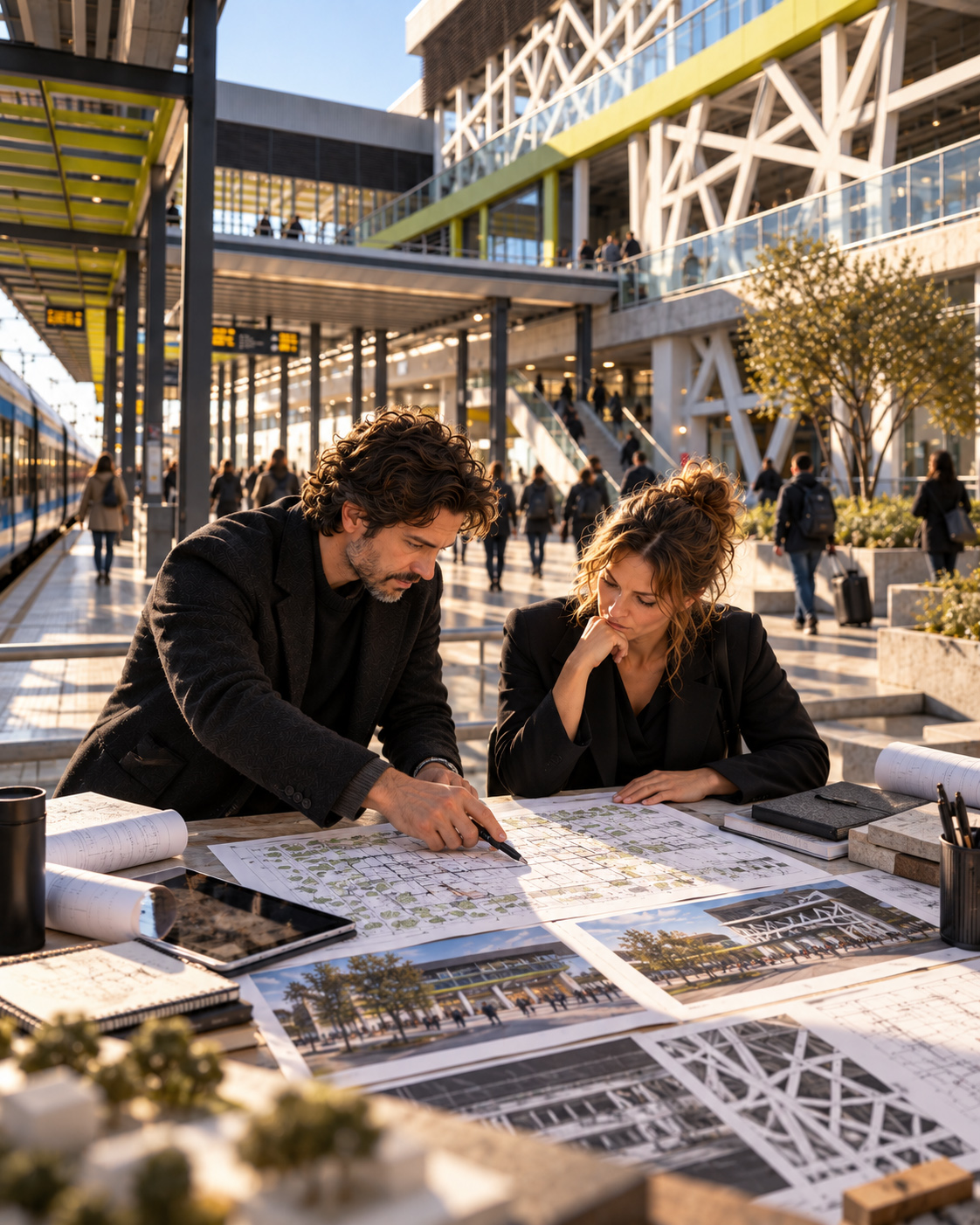 Architectural team reviewing site plans and spatial drawings within an active transport environment, connecting design decisions with movement, circulation, and real-world use.