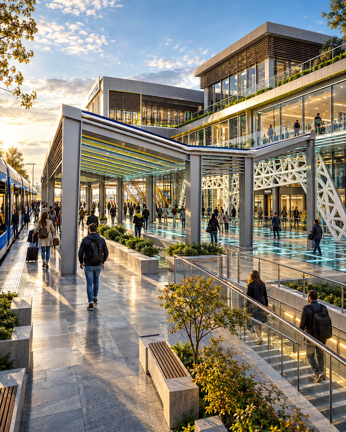 Contemporary transit architecture with railway platform access, covered pedestrian routes, stairs, landscaped public space, elevated walkways, and people moving through interconnected circulation zones.