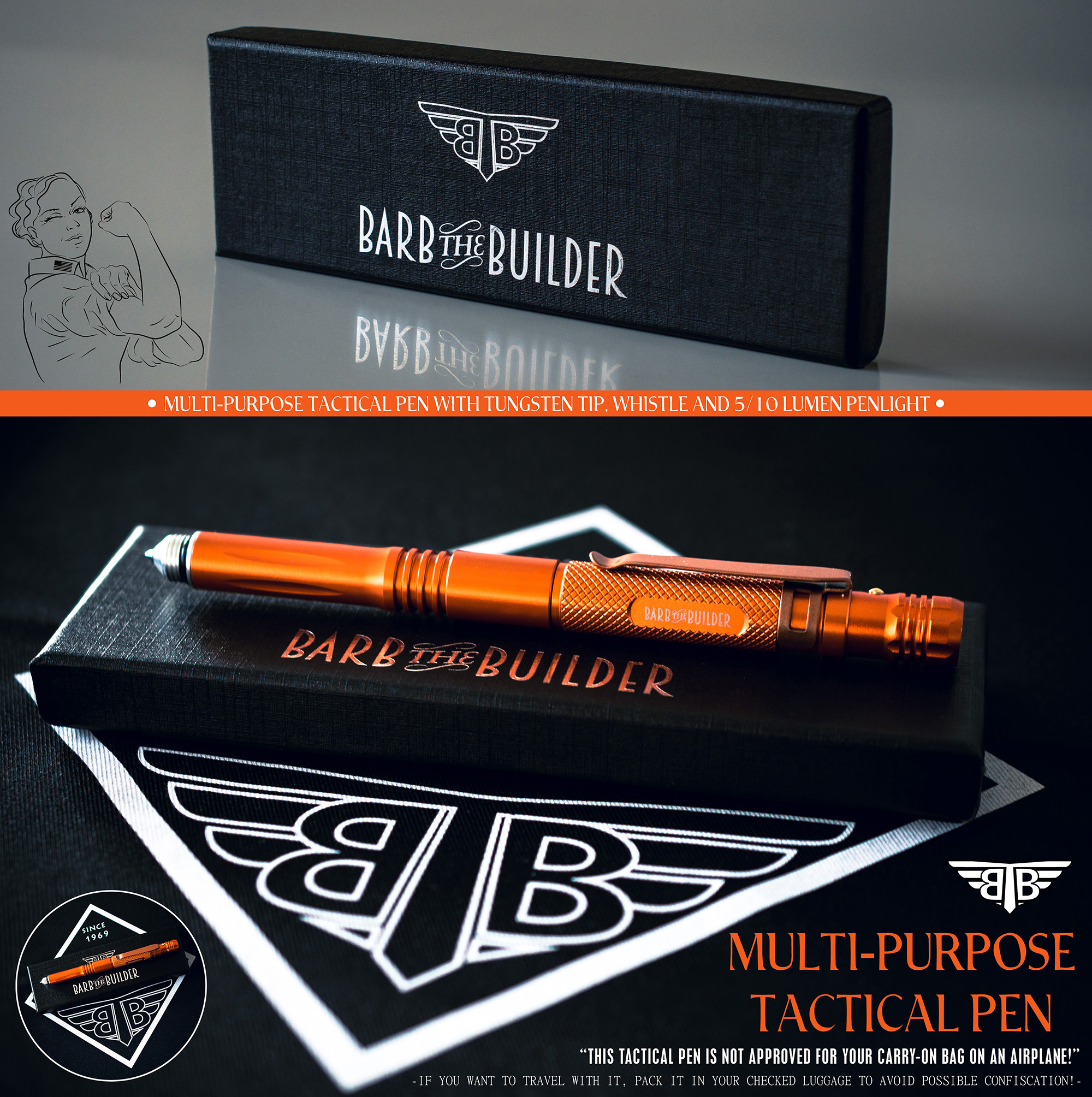 Barb The Builder multi-purpose tactical pen photographed on branded packaging, highlighting its tungsten tip, integrated whistle, and 5/10 lumen penlight.