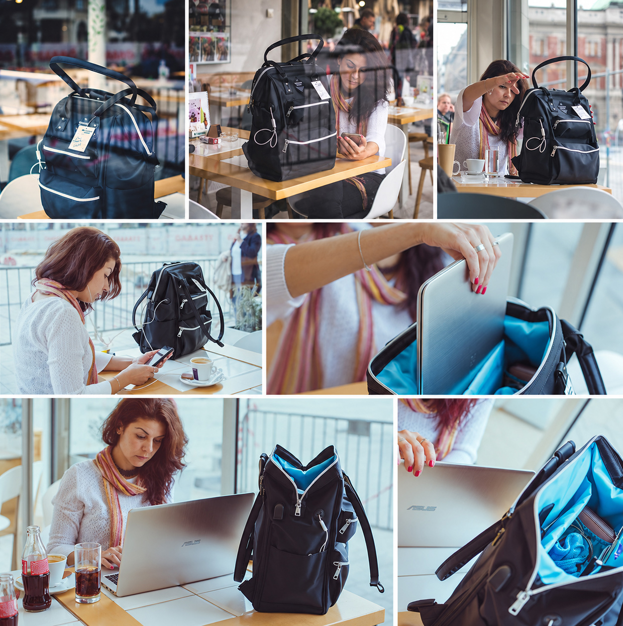 Lifestyle photography sequence showing a woman using the BodyGuard Backpack in a café while working on a laptop, accessing compartments, and keeping everyday essentials organized.