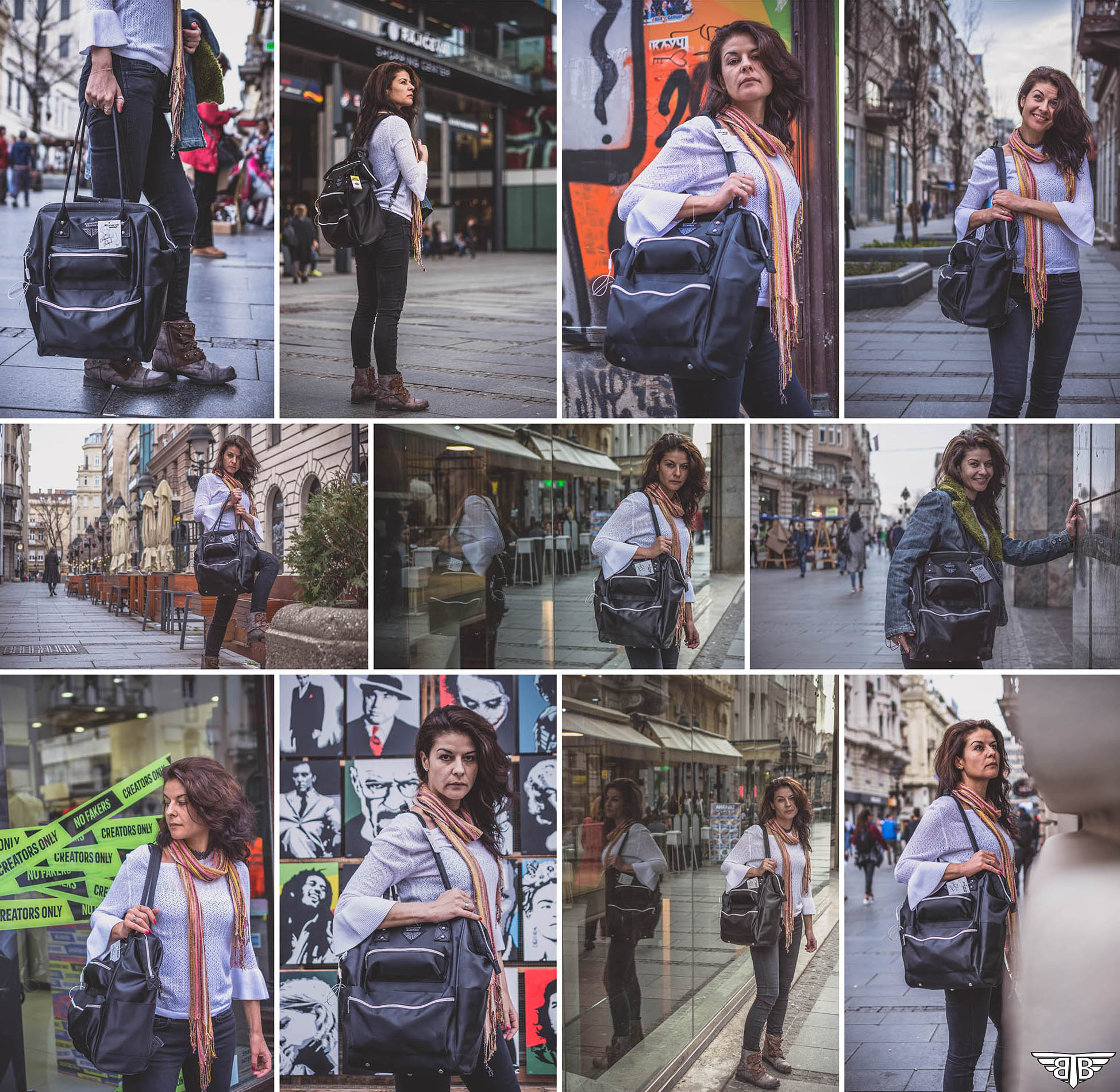 Lifestyle photography sequence showing a woman carrying the BodyGuard Backpack through different urban environments, including streets, cafés, storefronts, and public spaces.