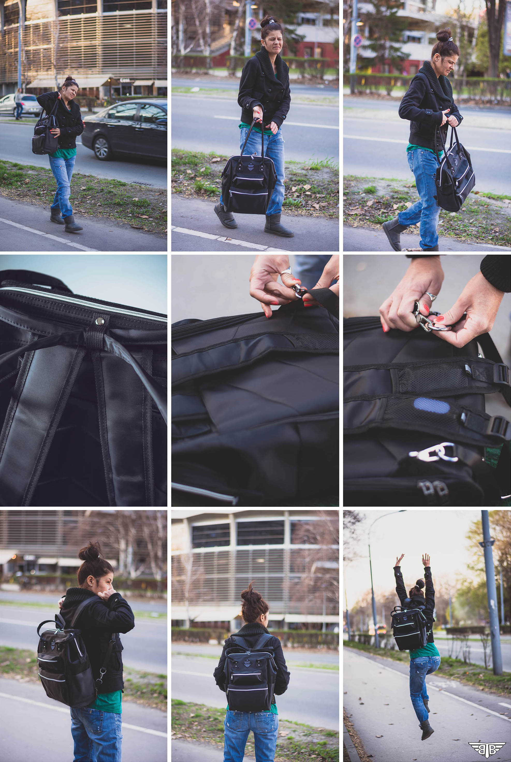 Lifestyle photography sequence showing a woman carrying the BodyGuard Backpack in different ways, including by hand and over the shoulders, with close-up views of the convertible strap hardware.