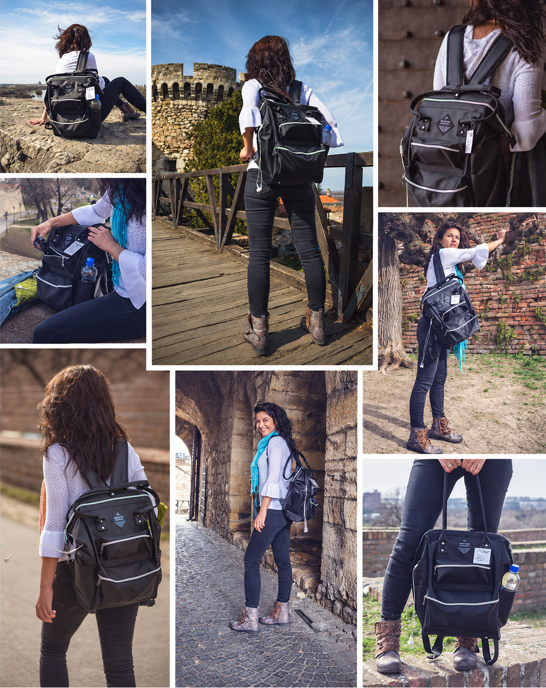 Lifestyle photography sequence showing a woman carrying the BodyGuard Backpack through historic outdoor locations, with varied full-body, detail, and environmental product views.