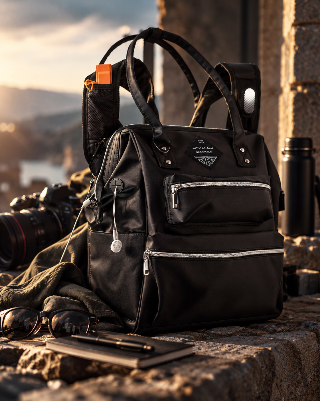 BodyGuard Backpack photographed in warm golden-hour light on a stone surface with a camera, sunglasses, notebook, and travel accessories in the background.