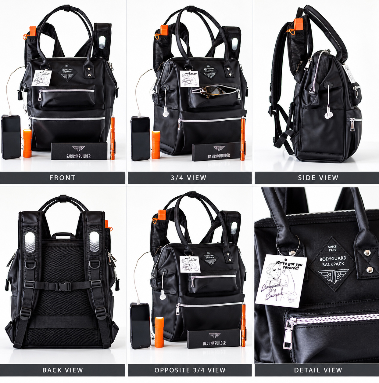 BodyGuard Backpack shown in a multi-angle product photography layout with front, three-quarter, side, back, opposite three-quarter, and close-up detail views.