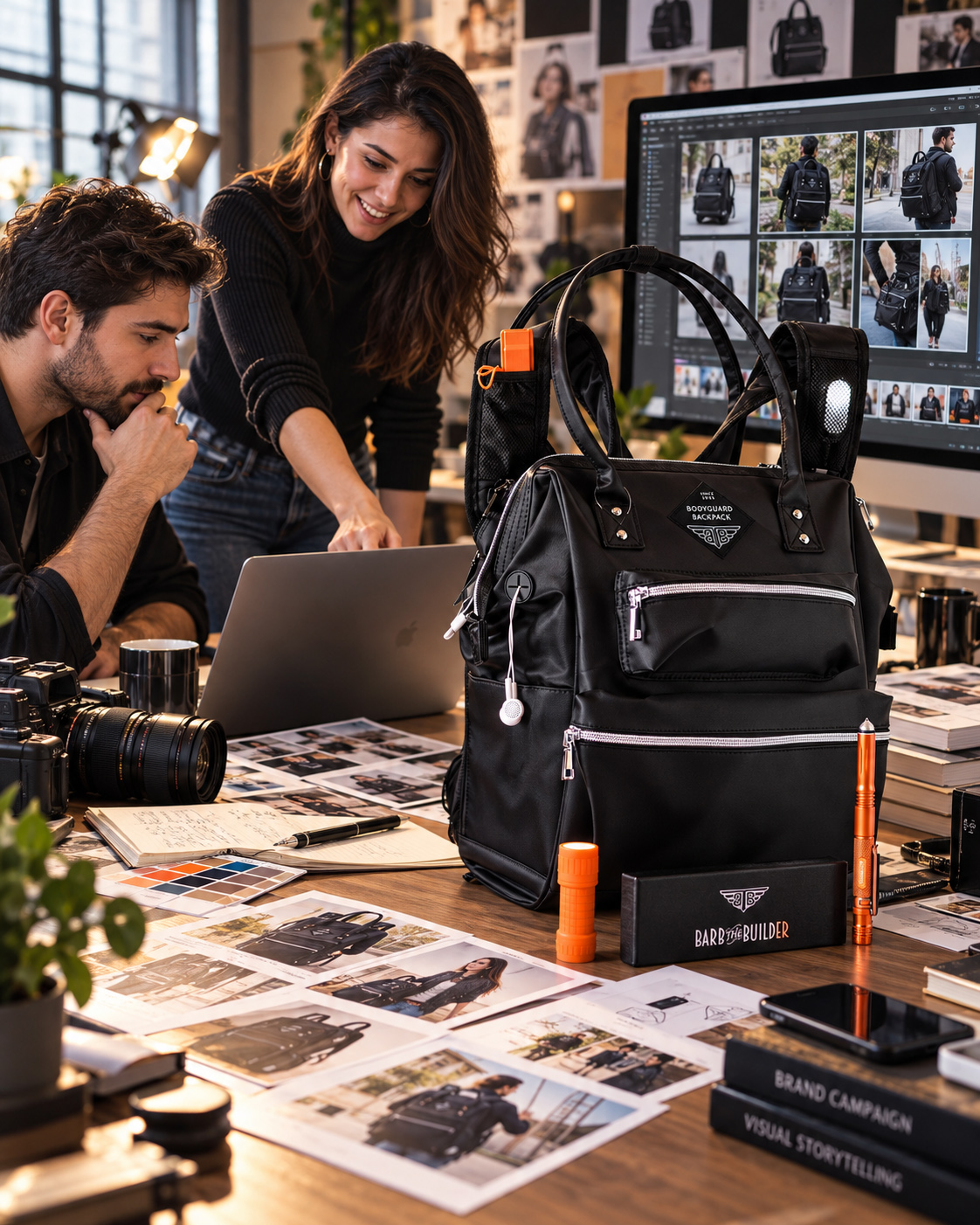 Creative team reviewing BodyGuard Backpack product and lifestyle photography across digital screens, printed references, color samples, and campaign materials in a professional studio workspace.
