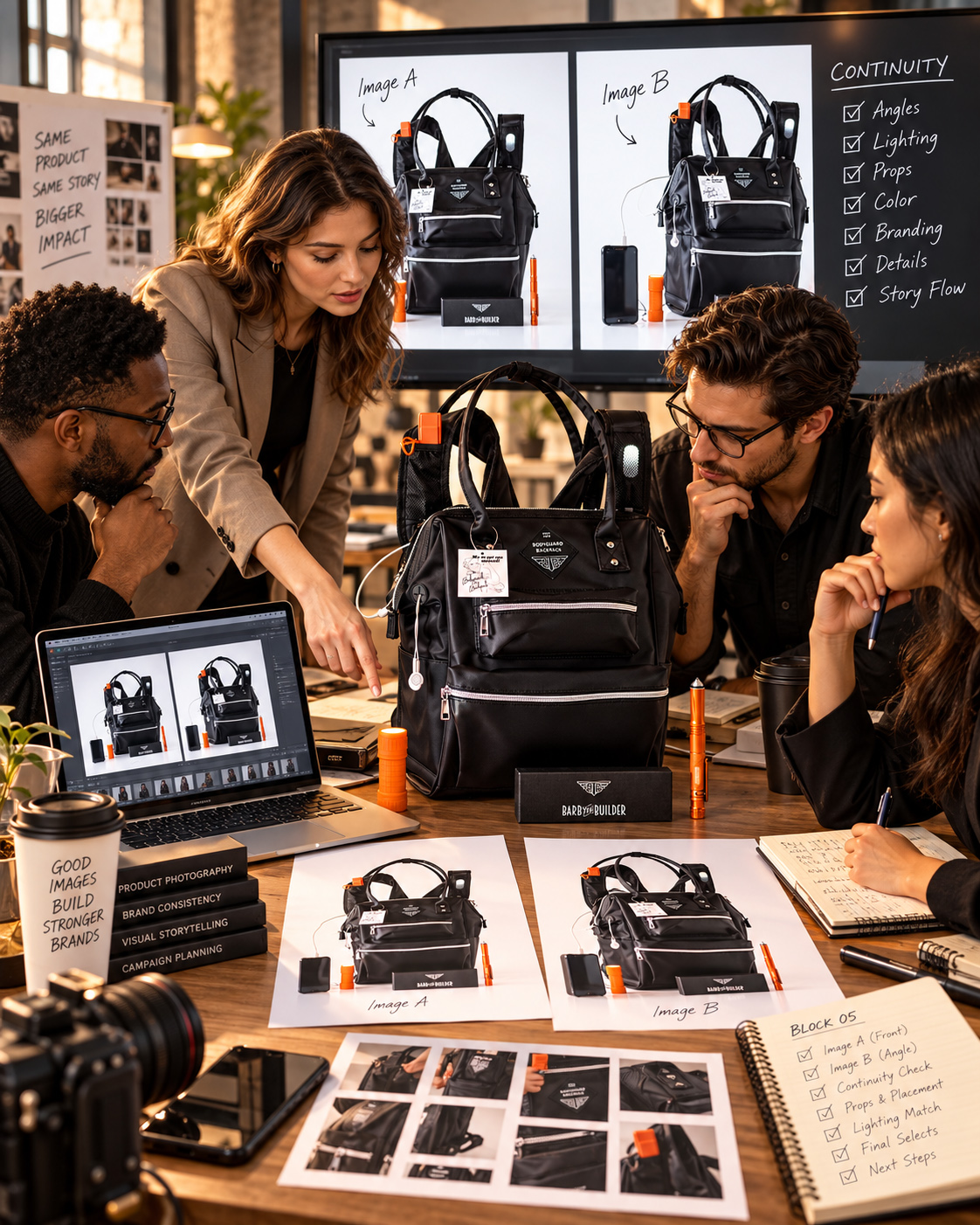Creative team reviewing two BodyGuard Backpack product photographs while checking continuity in angles, lighting, props, color, branding, details, and story flow.