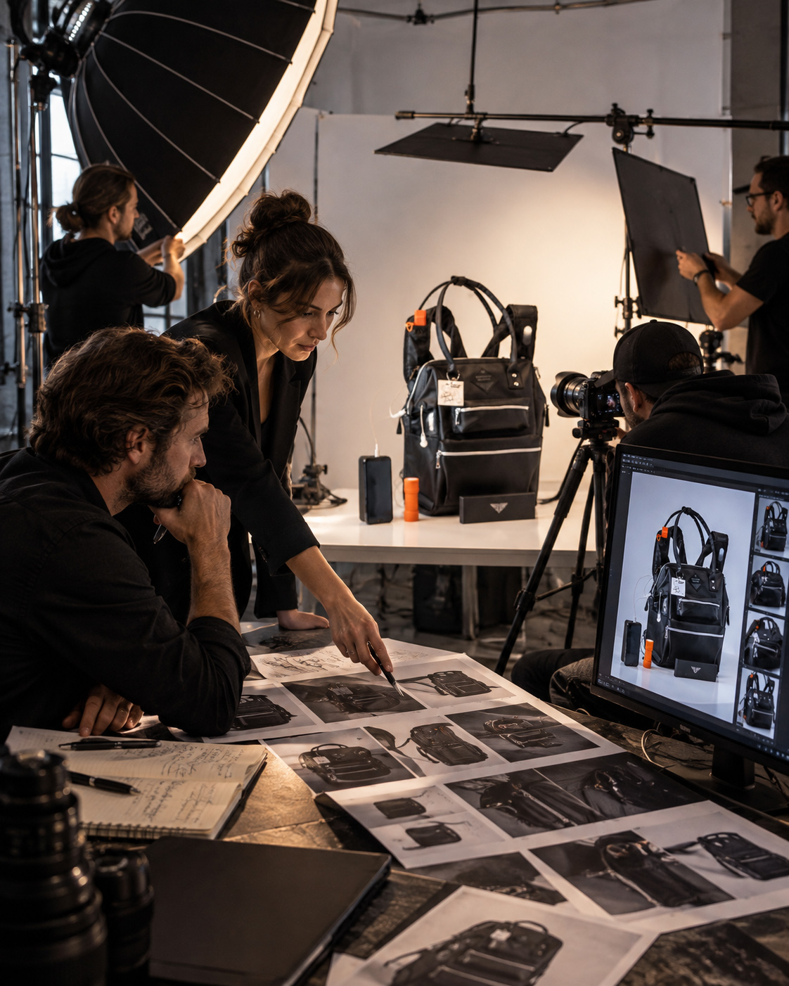 Creative team reviewing BodyGuard Backpack product photographs during a professional studio session while comparing printed references and digital image variations.