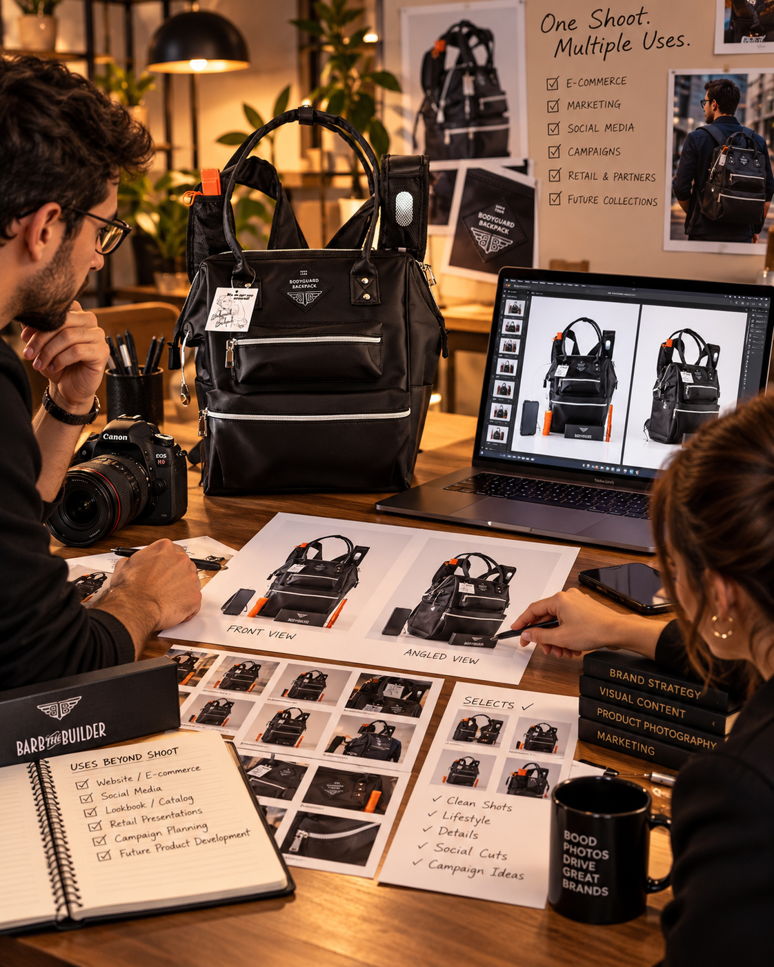 Creative team reviewing BodyGuard Backpack product photography for use across e-commerce, marketing, social media, campaigns, retail presentations, and future brand content.