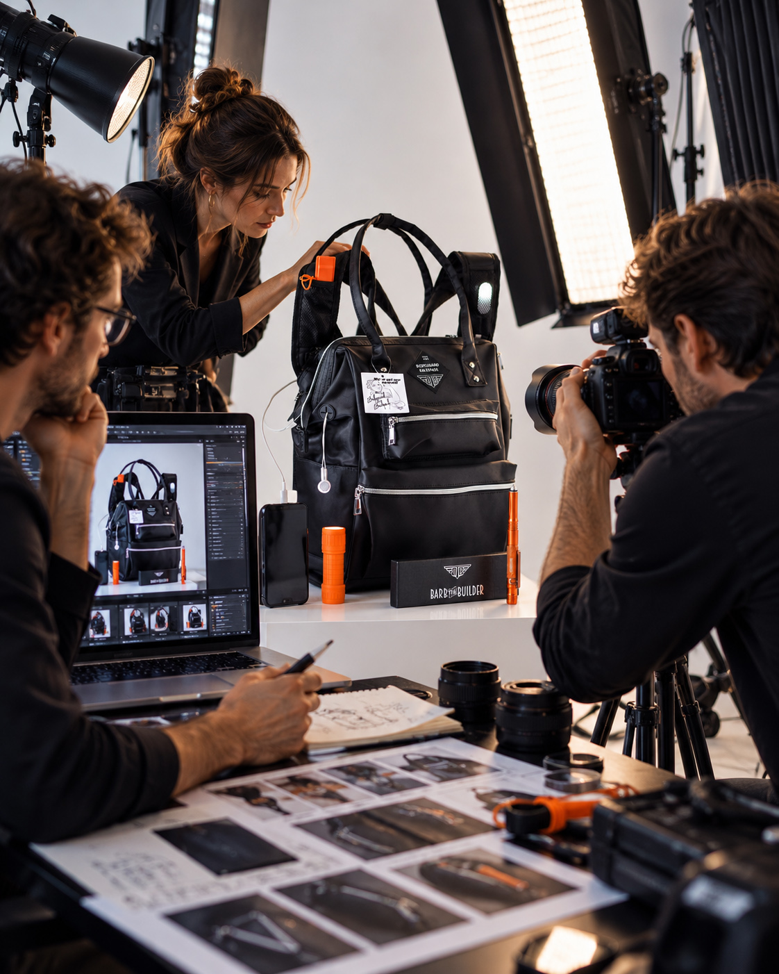Professional photography team capturing the BodyGuard Backpack in a controlled studio setup with dedicated lighting, camera equipment, product references, and live image review.