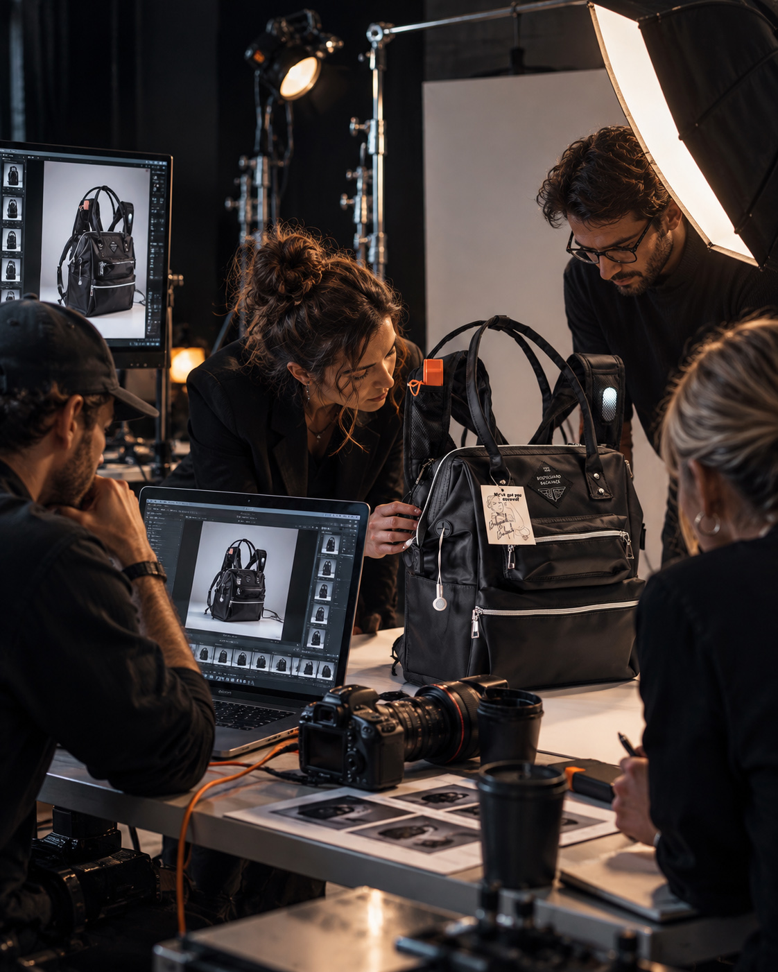 Photography team reviewing the BodyGuard Backpack during a professional studio shoot with controlled lighting, digital previews, reference prints, and camera equipment.