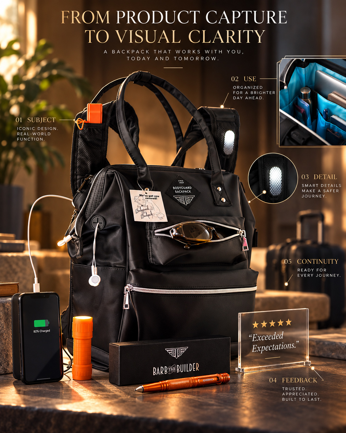 BodyGuard Backpack presented in an editorial photography workflow with product, lifestyle, detail, feedback, and continuity images arranged around a professional creative studio review.