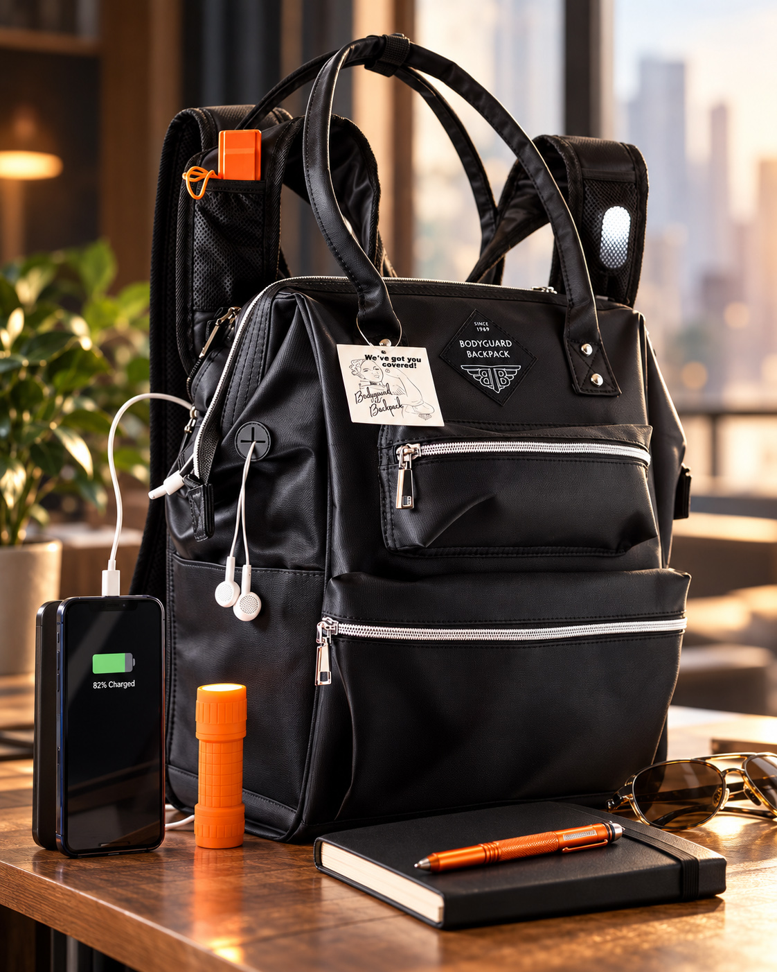 BodyGuard Backpack photographed in a warm lifestyle setting with a smartphone connected to its charging port, alongside a notebook, sunglasses, flashlight, and pen.