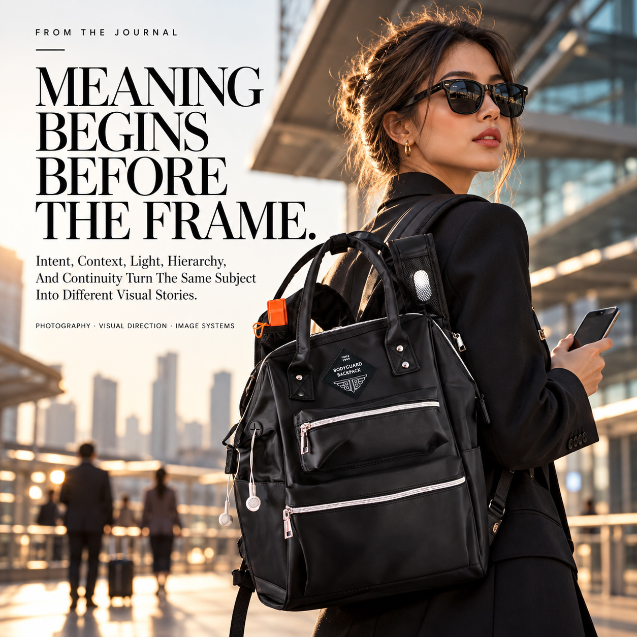 Woman wearing a black BodyGuard Backpack in a modern urban setting at golden hour, illustrating lifestyle product photography with clear subject hierarchy and environmental context.