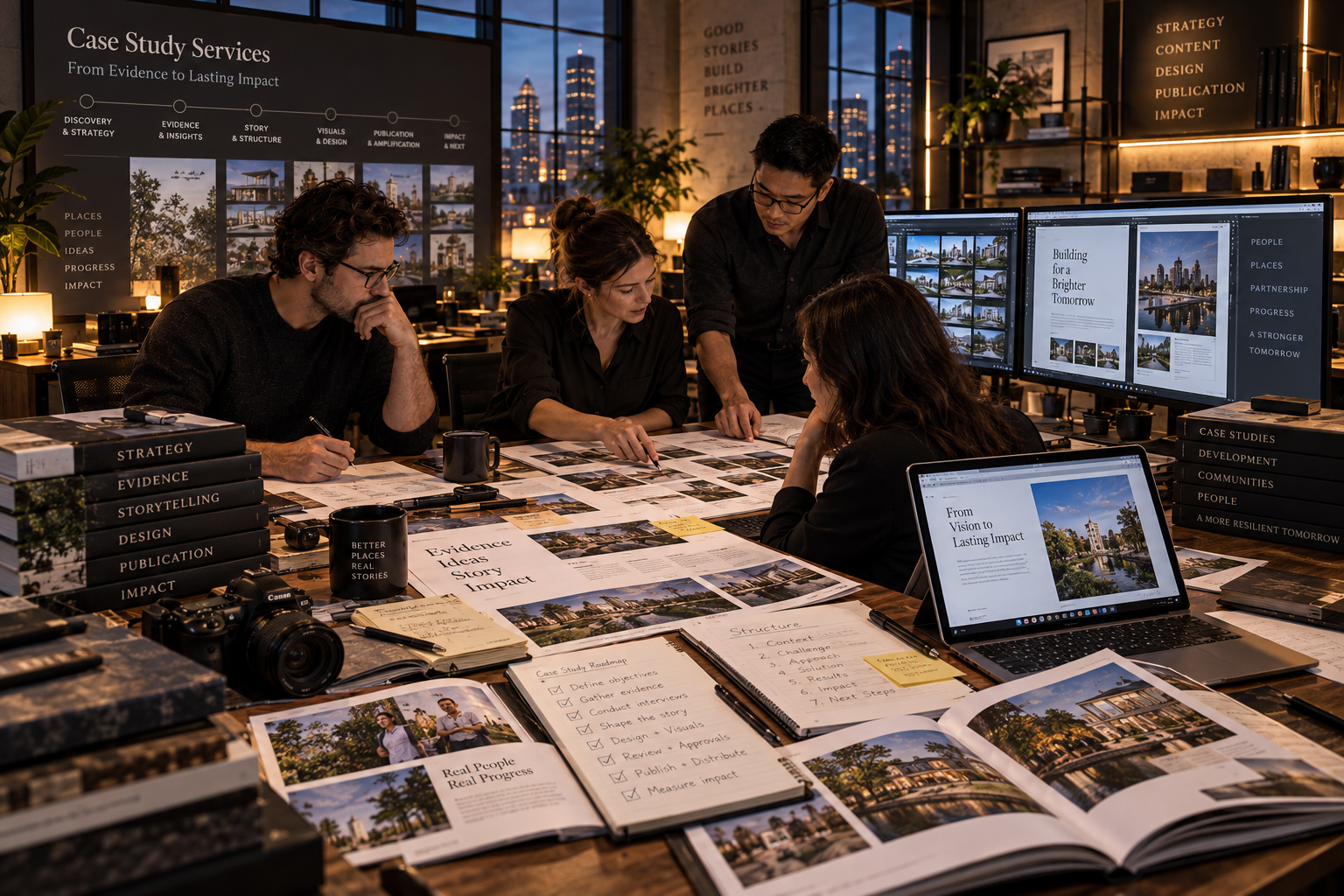 A small team collaborates around printed materials and digital screens during the development of a case study.