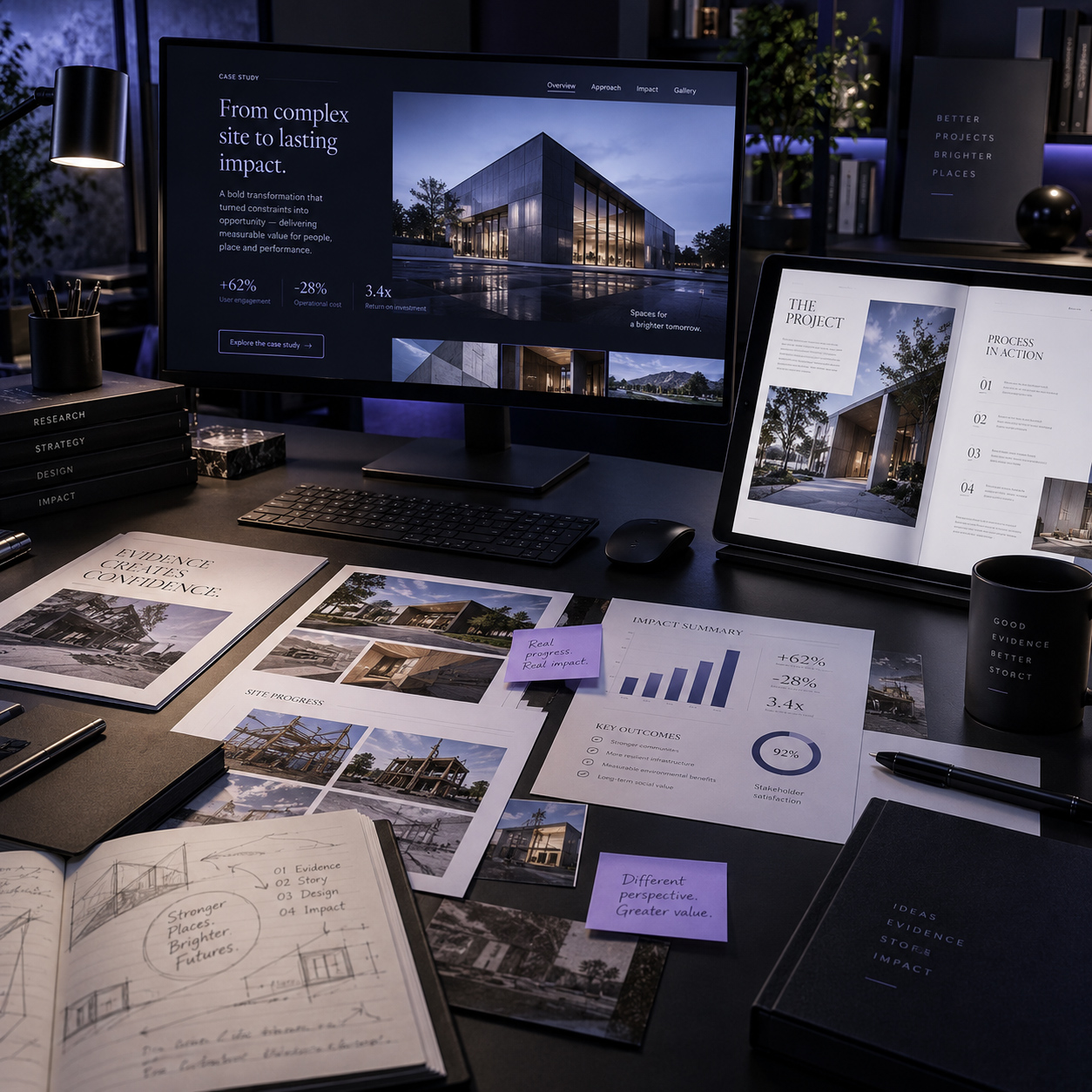 Case Study Services editorial workspace showing a digital case study on desktop, tablet presentation, printed project pages, research notes, impact metrics, sketches, and evidence-based project documentation.
