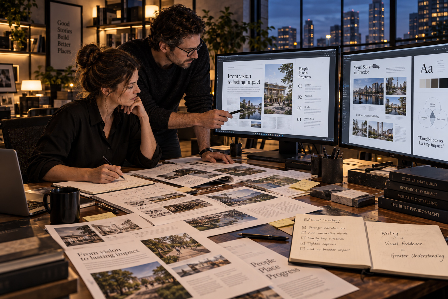 Two professionals refine editorial layouts and visual storytelling for a case study using printed spreads and dual monitors.