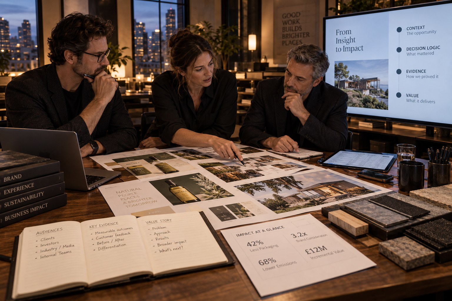 Three professionals review visual evidence, notes, and impact metrics while aligning the direction of a case study.