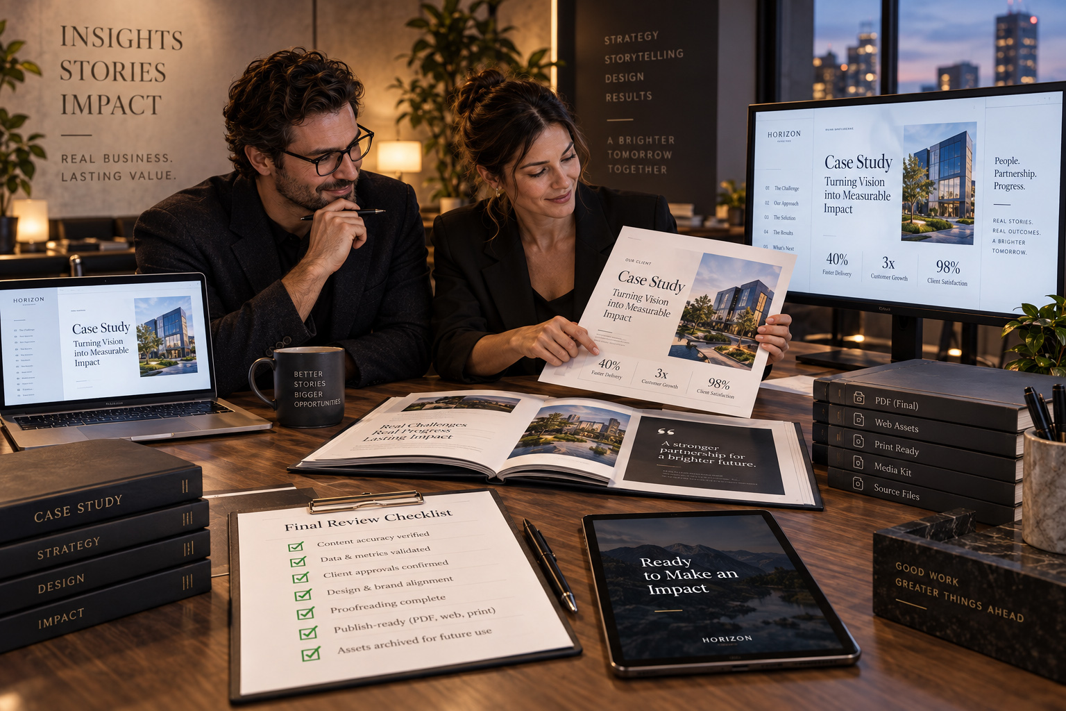 Two professionals review the final case study presentation with supporting materials, approval checklist, and publication assets.