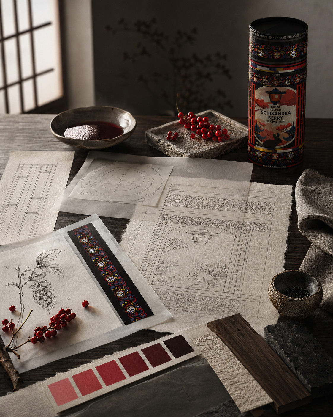 KORYO Schisandra Berry herbal tea packaging shown with concept sketches, color studies, pattern development, material references, and final cylindrical package design.