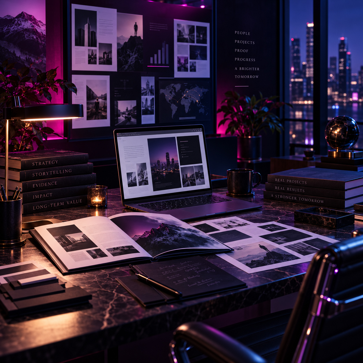 Professional Case Study strategy workspace with editorial layouts, project evidence, storytelling materials, laptop presentation, research documents, and visual proof arranged in a premium creative studio.