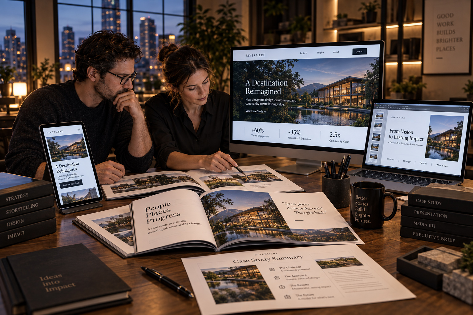 A case study is presented across desktop, tablet, mobile, and print formats to support multiple communication needs.